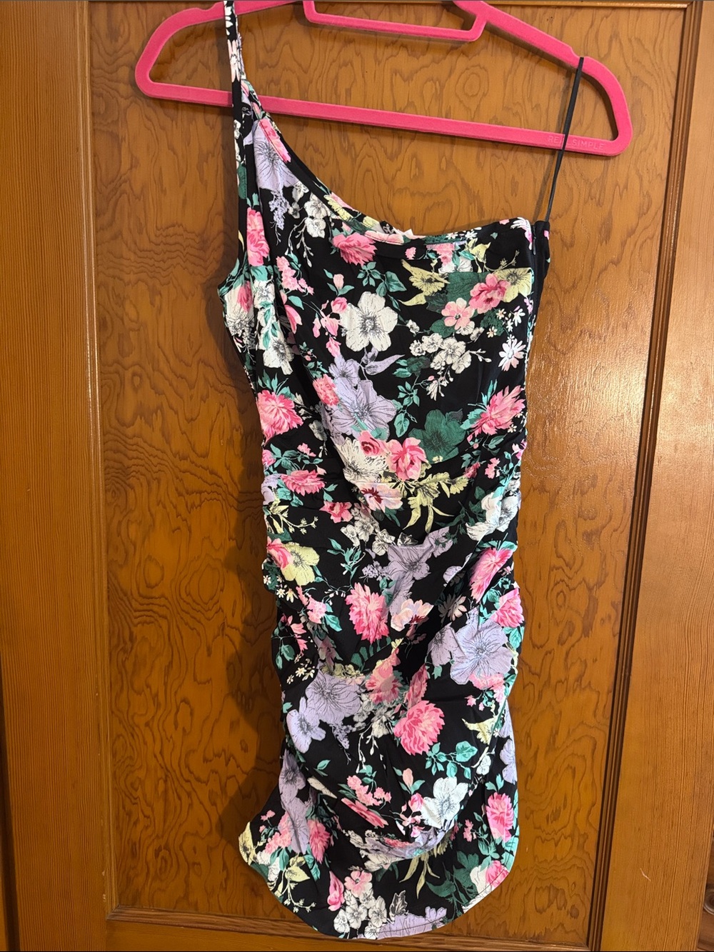 One-Shoulder Floral Ruched Dress - Black with Pink & Lavender Blooms